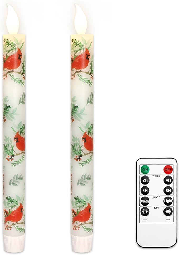 LED taper candles with remote, white with red cardinal and green leaf print, wax-style design.