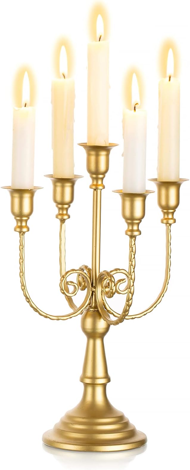 Gold 5-arm metal candelabra with five lit taper candles and ornate curving arms