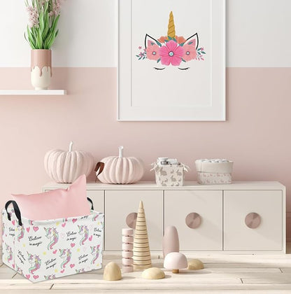 Rectangular unicorn storage basket with handles, white bin with pink hearts and unicorn print
