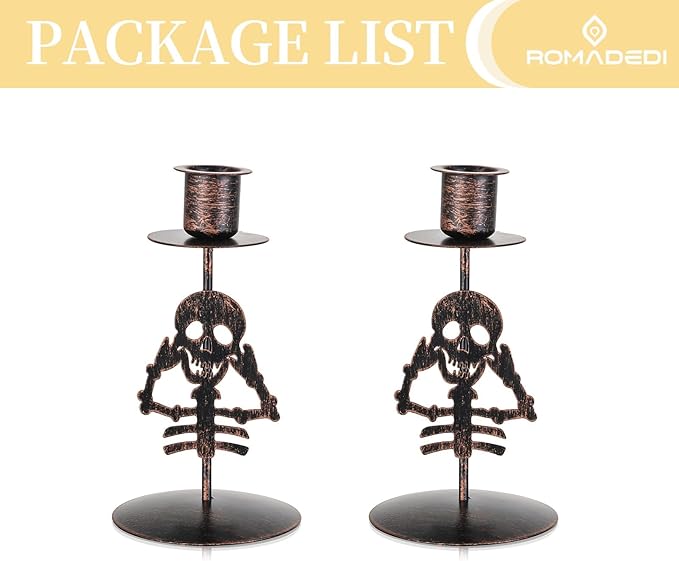 Set of 2 black gothic skull taper candle holders with metal cups