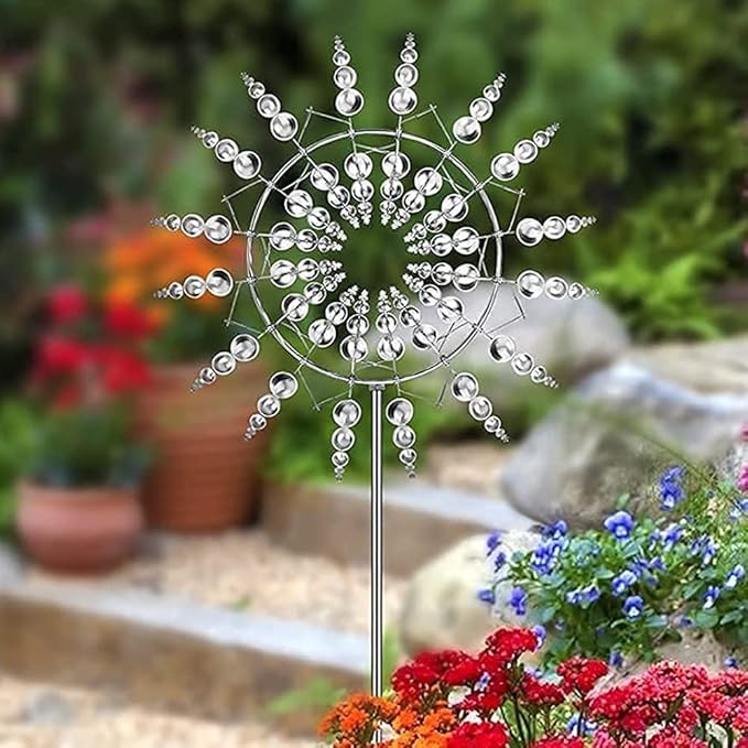 3D Kinetic Metal Wind Spinner – Single Silver Garden Wind Sculpture | Dual Motion Ball Bearing | 12" Yard & Patio Decor