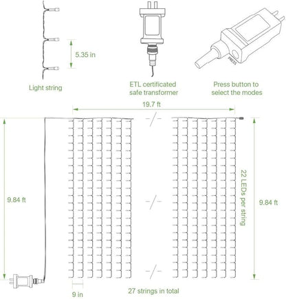 Cool White Curtain Lights – 594 LEDs 20x10ft | 27 Strings | Memory Function | The Wide-Format Backdrop for Wedding Head Table Pergola Canopy Bedroom Wall