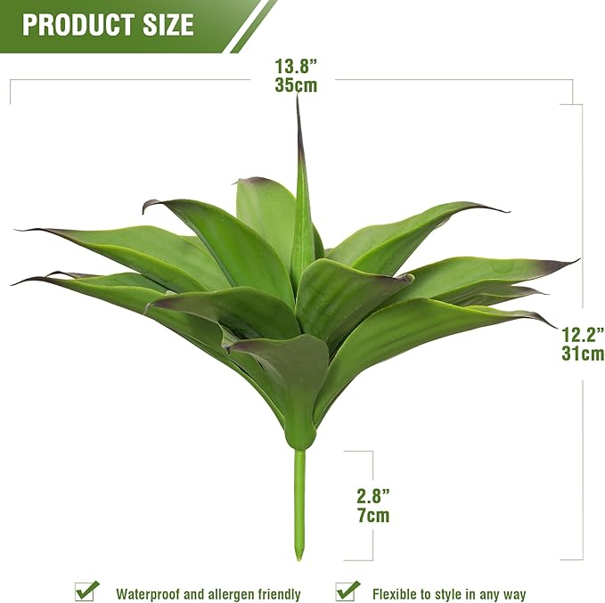 Single dark green faux agave plant with long center stem and spiky leaves