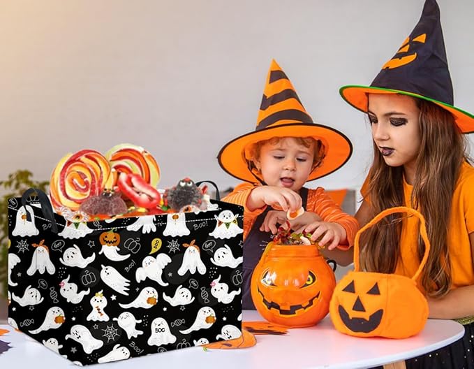 Black ghost-print Halloween basket with carry handles