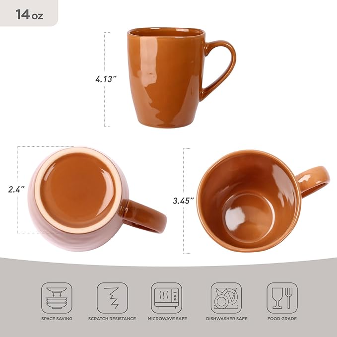Brown 14 oz stoneware coffee mug with curved handle and glossy reactive glaze, top view