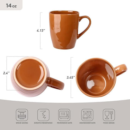 Brown 14 oz stoneware coffee mug with curved handle and glossy reactive glaze, top view
