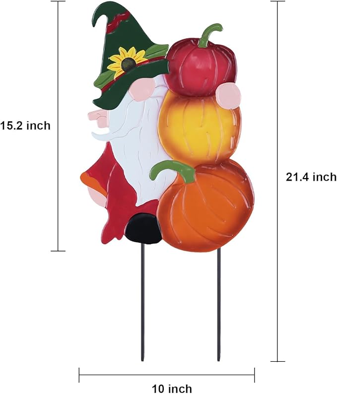 Metal garden gnome stake decoration, multicolor pumpkins; size marks 10 in and 21.4 in