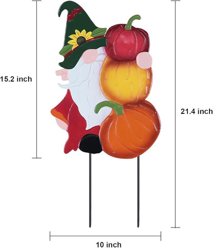 Metal garden gnome stake decoration, multicolor pumpkins; size marks 10 in and 21.4 in