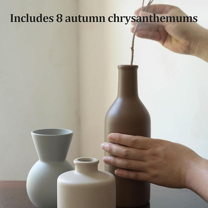 Ceramic vase set with faux chrysanthemum stems, shown with three vases