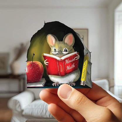 Hand holding a mouse reading red book wall sticker with red apple and yellow pencil.