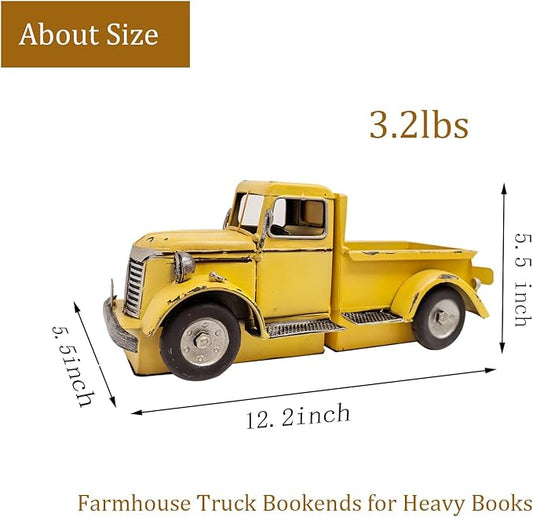 Yellow vintage metal pickup truck bookend, side view with front wheel and cab