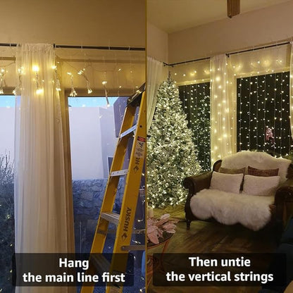 Warm White LED Curtain Fairy Lights – 306 LEDs 10x10ft | 18 Dense Strands 8 Modes Memory Function | Bedroom Wedding Christmas Backdrop Indoor