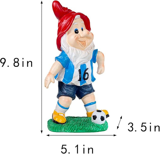 Gnome statue in blue-and-red soccer outfit with number 16 jersey and ball base