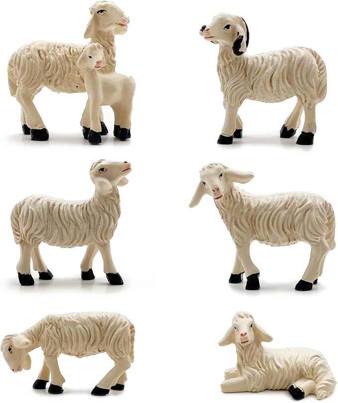 Set of 6 Sheep Garden Figurines - Resin Farm Animal Outdoor Decor