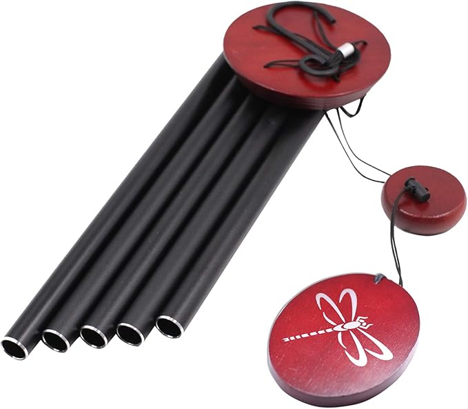 Outdoor wind chime with black tubes and two red dragonfly discs, side view with strings.