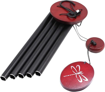 Outdoor wind chime with black tubes and two red dragonfly discs, side view with strings.