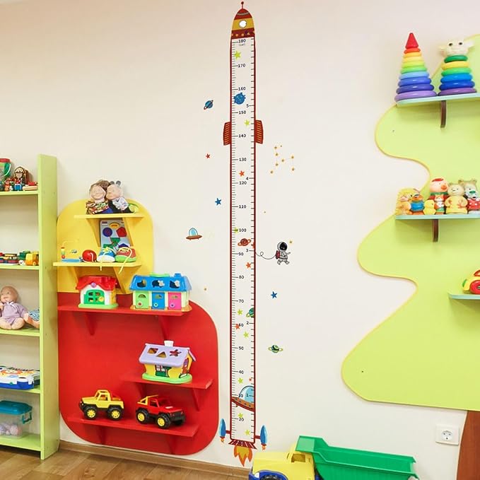Rocket height growth chart wall decal with colorful measurement markings and space icons