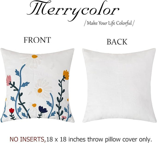 Cotton square pillow cover: embroidered floral front with plain white back