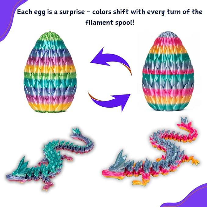 Rainbow 3D printed egg with articulated crystal dragon pieces, color-shift look