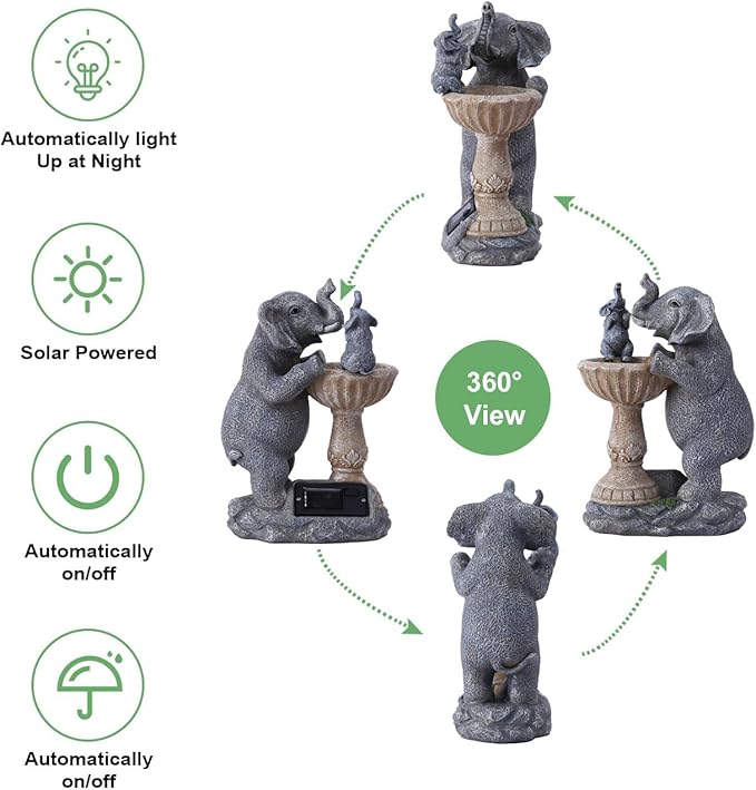 Solar Elephant Bird Bath Garden Statue - 8.67-Inch Polyresin Outdoor Decor