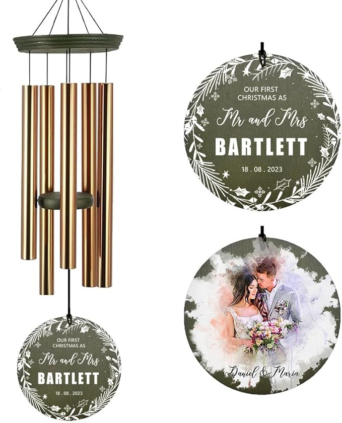 Gold-tone wind chime with 3 hanging tubes and round engraved anniversary ornaments