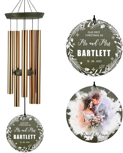 Gold-tone wind chime with 3 hanging tubes and round engraved anniversary ornaments