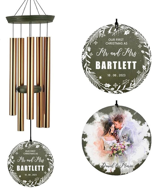 Gold-tone wind chime with 3 hanging tubes and round engraved anniversary ornaments