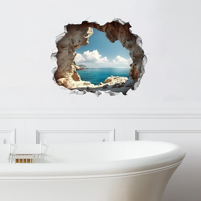 3D cave wall sticker with ocean view, torn-hole broken-wall effect
