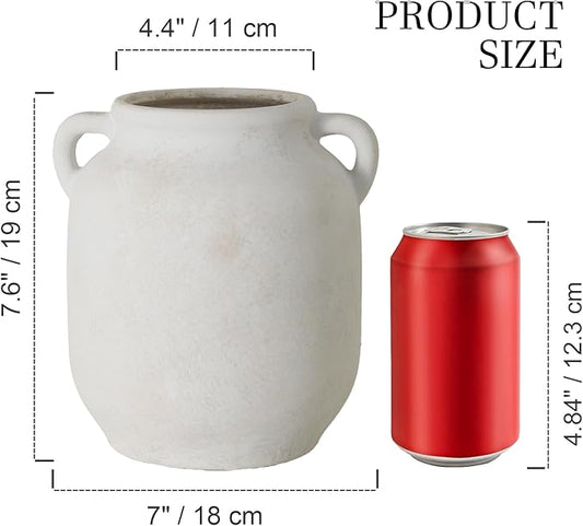 Rustic white ceramic vase with side handles; product size shown: 7.6 in tall.