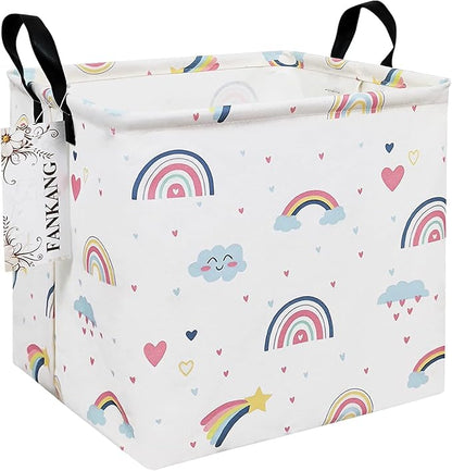 Rainbow Canvas Storage Hamper Basket - Foldable Waterproof Pastel Nursery Bin for Baby Gifts, Toy Storage, and Hamper Building
