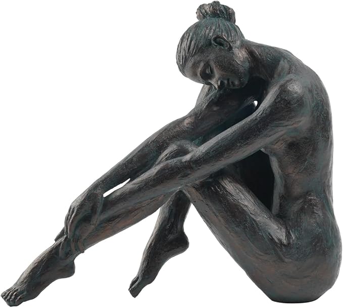 Guichifun bronze-finish resin sculpture of a seated woman reaching toward her extended leg