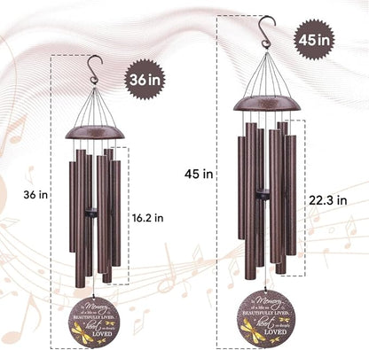 Dragonfly wind chime with labeled size dimensions (36 in and 45 in) and round medallion.