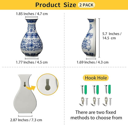 Blue and white porcelain wall vases, size diagram and wall hook hole detail