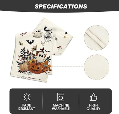 Beige Halloween table runner fabric swatch with ghost, pumpkin and spiderweb