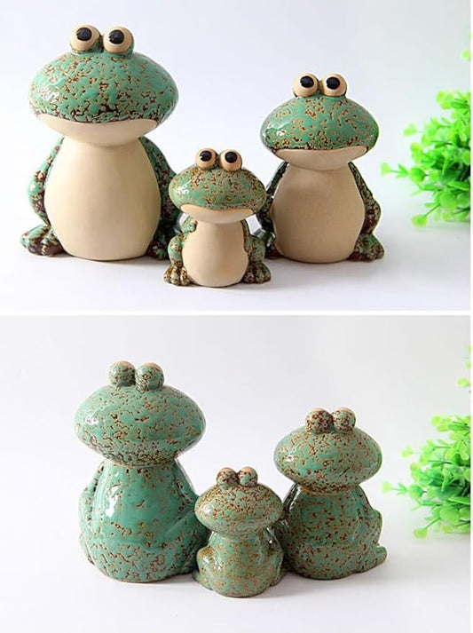 Ceramic Frog Family Garden Statue Set of 3 - Green Frog Dad, Mom, and Baby Decor for Pond, Pool, Patio, Porch, Lawn, and Home