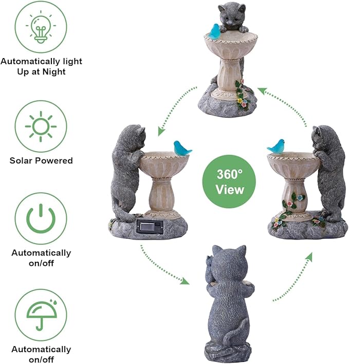 Cat Birdbath Garden Statue with Solar Light - Handcrafted Resin Outdoor Decor