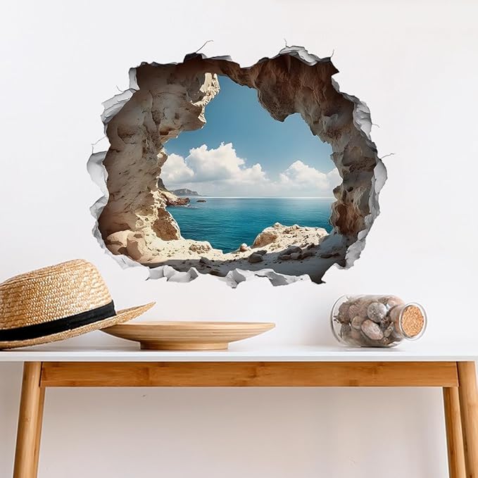Large cave ocean 3D wall sticker with broken-wall opening for decor