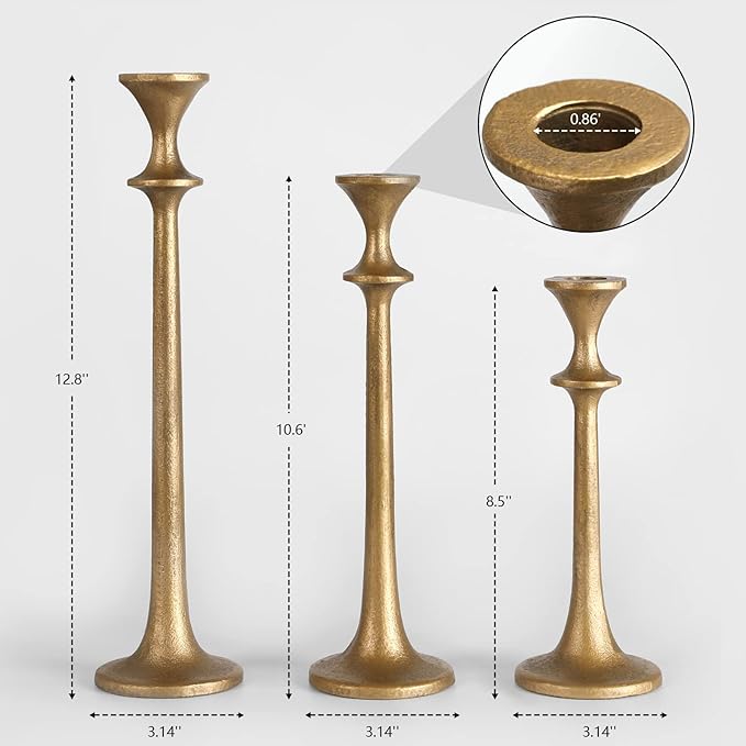 Brass taper candle holders set of three with height measurements shown.