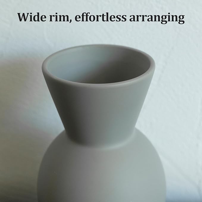 Matte ceramic vase with wide rim in light gray-blue color