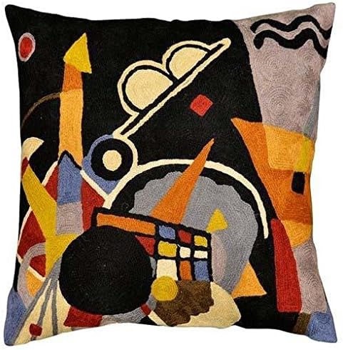 Black abstract pillow cover with colorful geometric embroidery and shapes