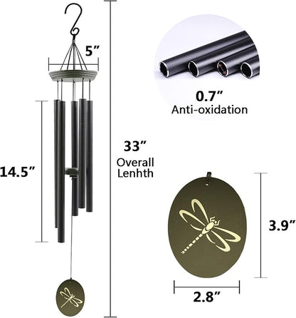 Outdoor wind chime with dark metal tubes and green dragonfly disk hanging charm