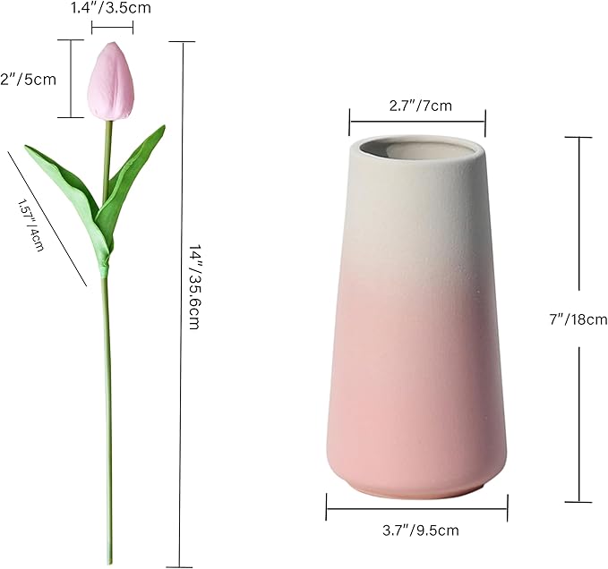 Diagram showing light pink faux tulip on a green stem and gradient pink vase