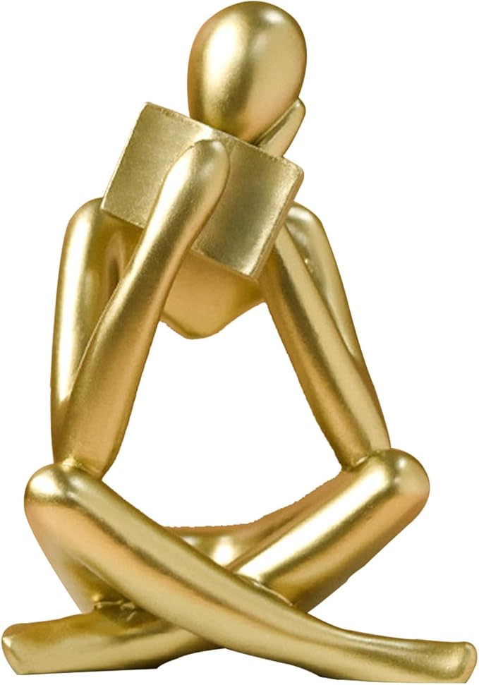 Gold resin reading figurine statue, seated cross-legged with rounded head