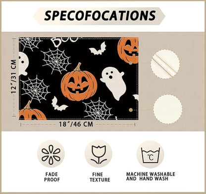 Halloween placemat set: black mat sized 12 x 18 in; machine washable and hand wash.