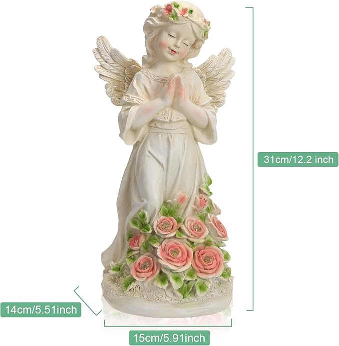 Solar Praying Angel Garden Statue with Garland and Glowing Flowers - Waterproof Resin Outdoor Decor