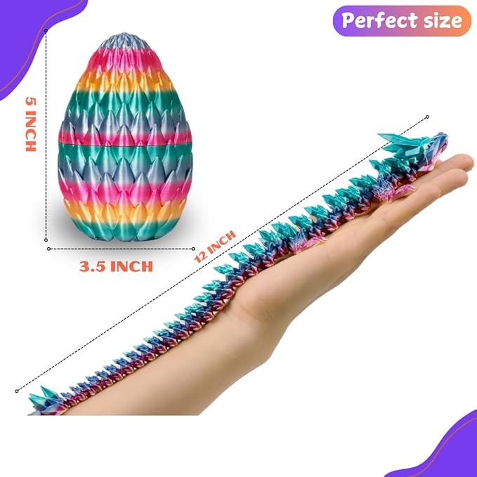 Rainbow striped egg and articulated crystal dragon, shown next to hand for size