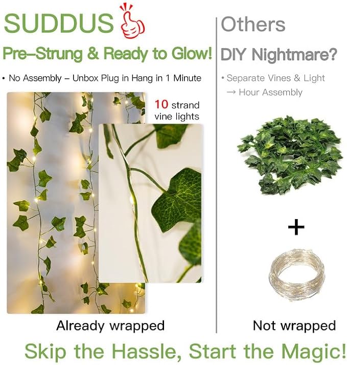 Ivy Vine Fairy Lights – 6.5ft x 6.5ft 200 LED Warm White | Pre-Strung Leaf Curtain Lights | Remote Timer Dimmer | Bedroom Dorm Wedding Party Wall Decor