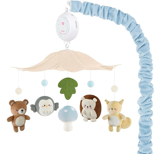 Blue crib mobile with beige canopy and plush forest animals, including bear, bunny, fox