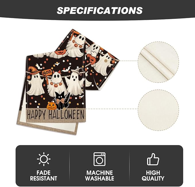 Halloween table runner product view with “Happy Halloween” and icons for fade resistant, machine washable