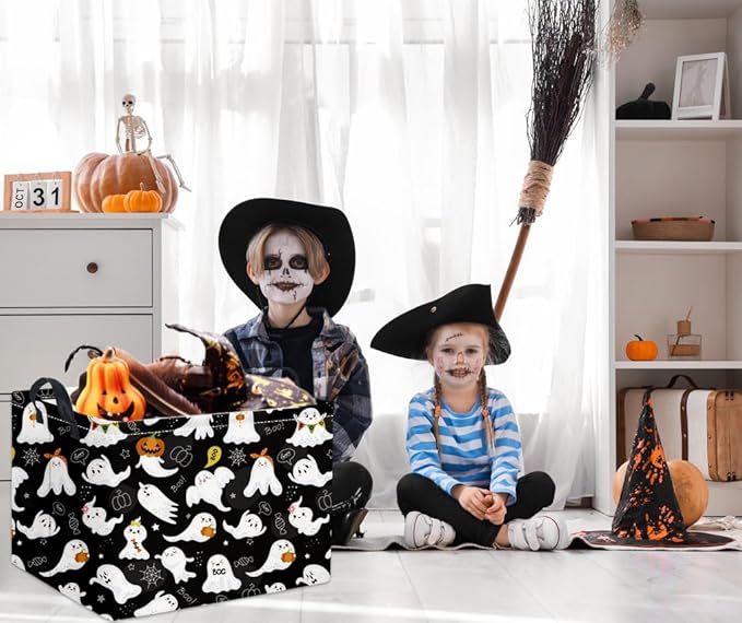 Rectangular black ghost-print trick-or-treat basket with top carry handles
